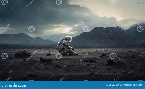 Astronaut Exploring An Exoplanet Sci Fi Colonist In Spacesuit Walks On