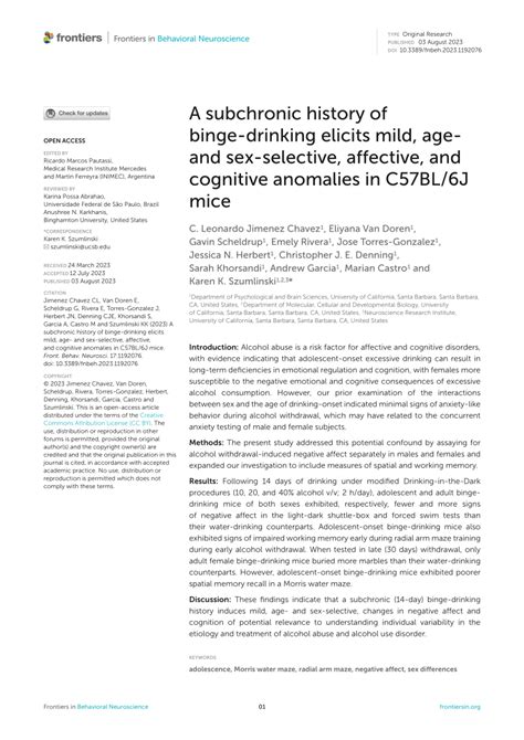 PDF A Subchronic History Of Binge Drinking Elicits Mild Age And Sex