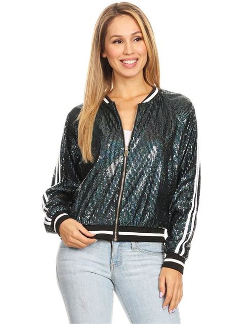 Anna Kaci Striped Metallic Sequin Varsity Jacket Editorialist