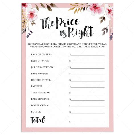 Floral Baby Shower Game The Price Is Right Printable Instant Download