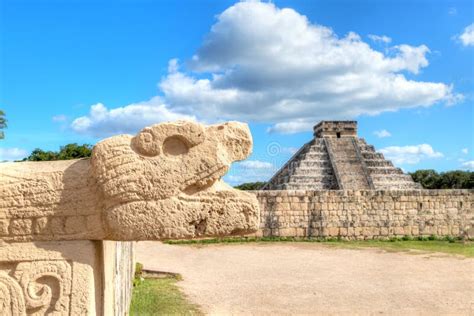 Chichen Itza Snake Head And Pyramid Of Kukulcan In Yucatan Peninsula