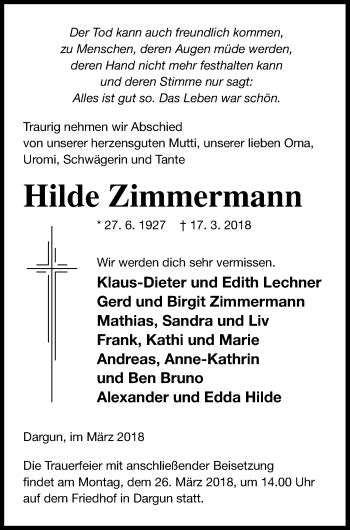 Traueranzeigen Von Hilde Zimmermann Trauer Nordkurier