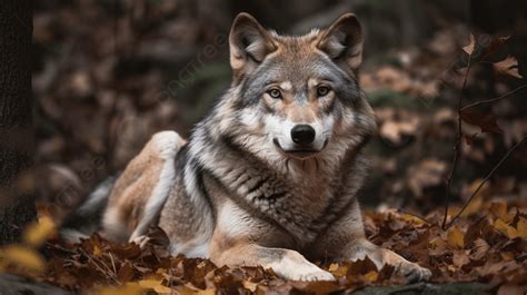 Grey Wolf Looking At Camera Lying In Leafs Background Gray Wolf Hd