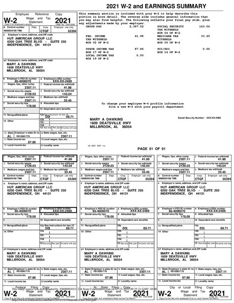 Statement For 2021 2021 W2 And Earnings Summary D Control Number Dept Corp Employer Use