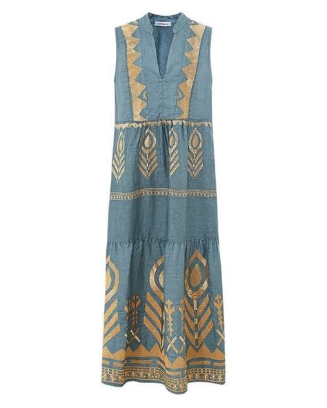 Greek Archaic Kori Linen Maxi Feather Dress In Blue Lyst Uk