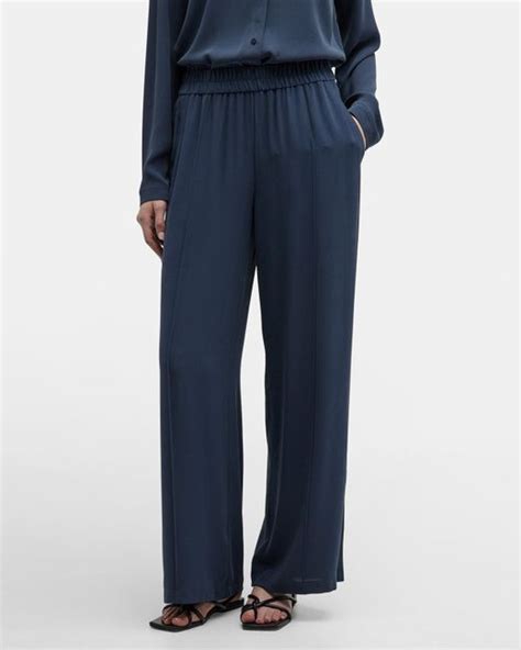 Eileen Fisher Wide Leg Pintuck Silk Pants In Blue Lyst