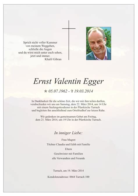 Todesanzeige Ernst Valentin Egger Trauer Link