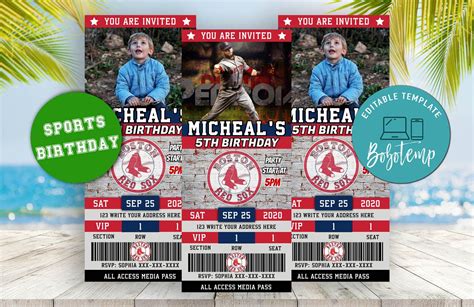 Editable Boston Red Sox Birthday Ticket Invitations | Createpartylabels