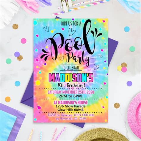 Pool Party Invitation Girl Tie Dye Pool Party Invitation Etsy