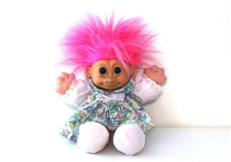 Vintage 90s Troll Pink Hair Russ Baby Doll With Floral Dress By