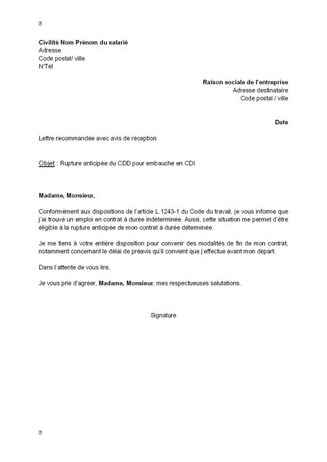 Exemple Gratuit De Lettre Rupture Anticip E Cdd Par Salari Embauche En Cdi