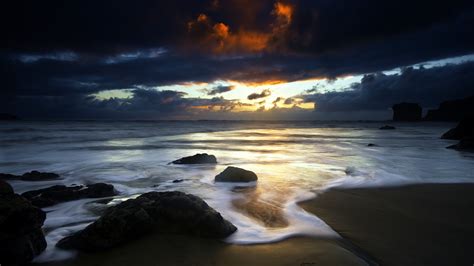 Wallpaper Sunlight Sunset Sea Bay Water Rock Shore Reflection