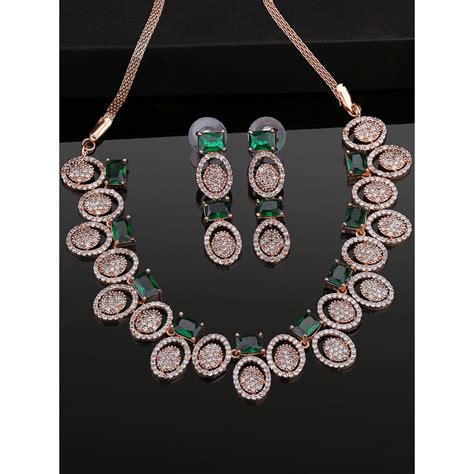 Buy Estele Rose Gold Plated CZ Circlet Designer Necklace Set With Green