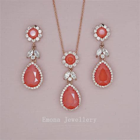 Coral Jewelry Set Coral Wedding Jewelry Set Red Crystal Necklace