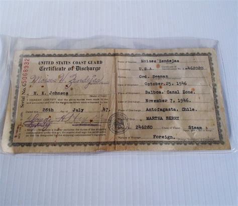 U S Coast Guard Discharge Certificate Zendejas Calif