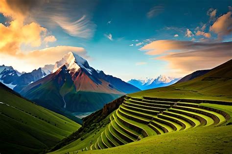 Premium AI Image A Green Field With A Mountain In The Background