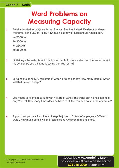 Measurement Word Problems Worksheets Grade1to6 Worksheets Library