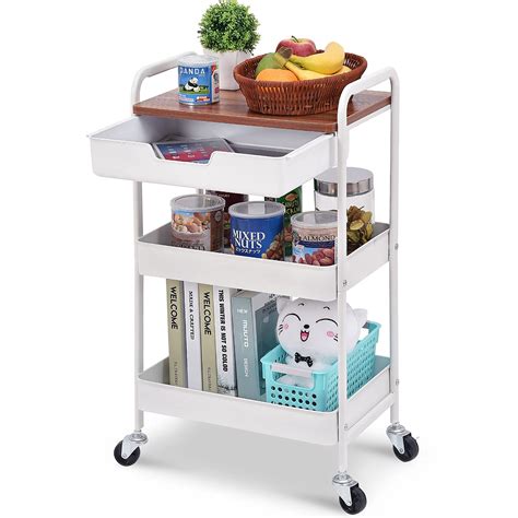 Buy TOOLF 3 Tier Utility Rolling Cart With Wooden Board Drawer Metal