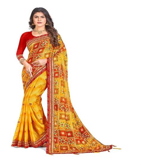 Buy Aruna Sarees Printed Bandhani Chiffon Saree Yellow Online At Best