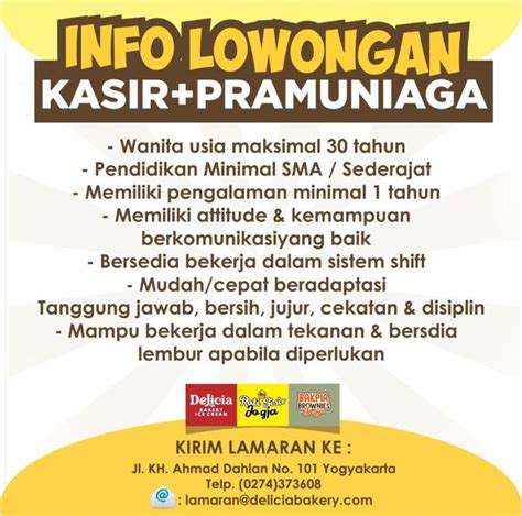 Lowongan Kerja Kasir Pramuniaga Di Delicia Bakery Lokerjogja Id