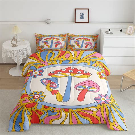 Yst Hippie Mushroom Comforter King Groovy Flower Bedding Set For Girls