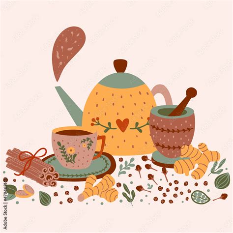 Spicy Tea Illustration Hot Flavored Spiced Tea Party Print Cartoon Cinnamon Ginger Black
