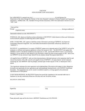 Fillable Online Arl Army Arl Non Distribution Agreement Form Us Army