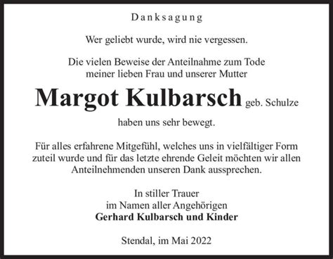 Traueranzeigen Von Margot Kulbarsch Geb Schulze Abschied Nehmen De