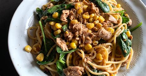 Tuna Corn Spinach Spaghetti With Garlic Butter Soy Sauce Recipe By