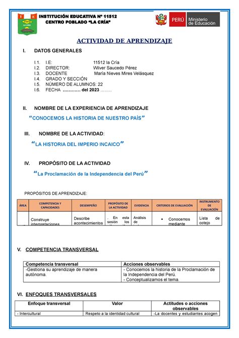 La Proclamación de la Independencia del Perú ACTIVIDAD DE APRENDIZAJE