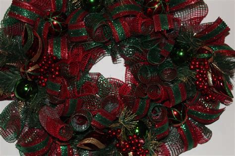 Red Green Gold Deco Mesh Christmas Wreath For Your Christmas Door On A