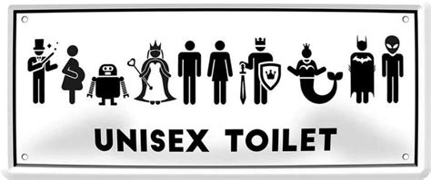 A White Sign That Says Unisex Toilet With People In Black And White