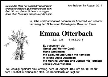 Traueranzeigen von Emma Otterbach Schwarzwälder Bote Trauer