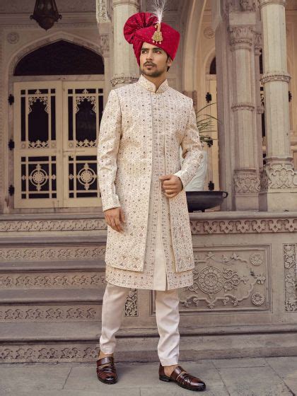 Cream Readymade Zari Embroidered Groom Sherwani Set