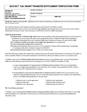 Fillable Online Financialaid Calpoly Cal Grant Transfer Verification