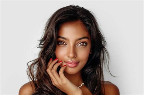 Premium Photo Smiling Young Woman With Dark Hair And A Pearl Necklace