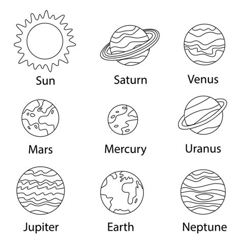 afiche en blanco y negro con planetas del sistema solar con nombres ...