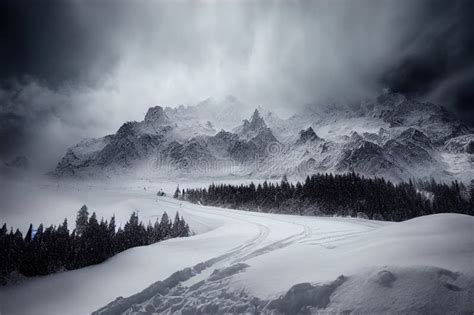 A Snowy Mountain with a Road Going through it and a Forest in the Background with a Dark Sky ...