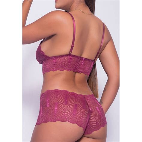 Conjunto Sexy Sem Bojo Rendado Vinho D Compra Facil Lingerie
