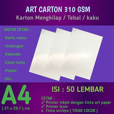 Jual Art Karton 310 Gsm A4 Isi 50 Lembar Kertas Art Carton Art