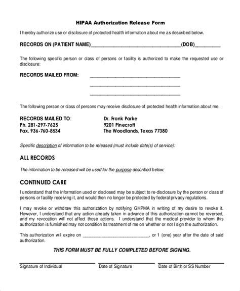 Hipaa Authorization Form Template