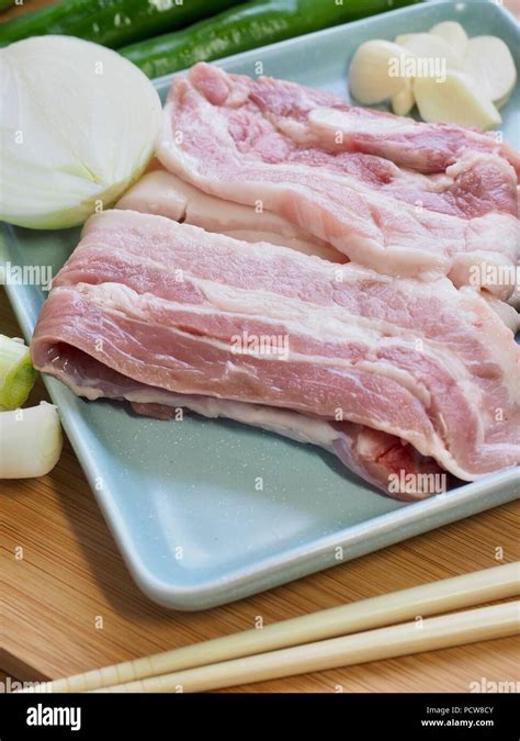 Korean Food Pork Belly And Vegetables Samgyeopsal Stock Photo Alamy