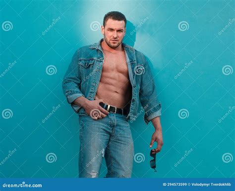 Jeanse Man Fashion Bare Torso Naked Male Body Muscular Guy Nude Abs Stock Image Image Of