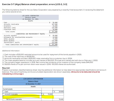 Solved Exercise 3 7 Algo Balance Sheet Preparation Errors Chegg