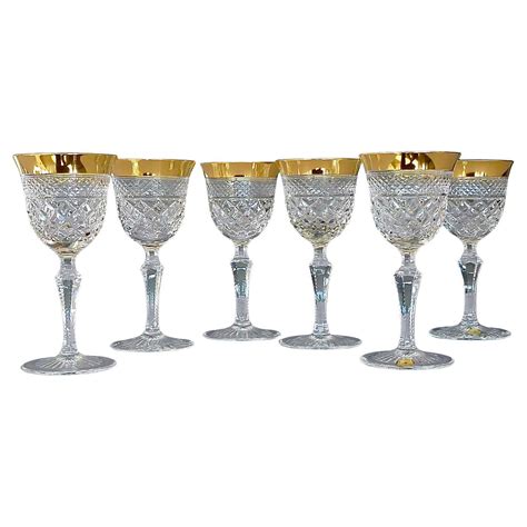 Rare Set Of 6 Dessert Wine Glasses Gold Crystal Stemware