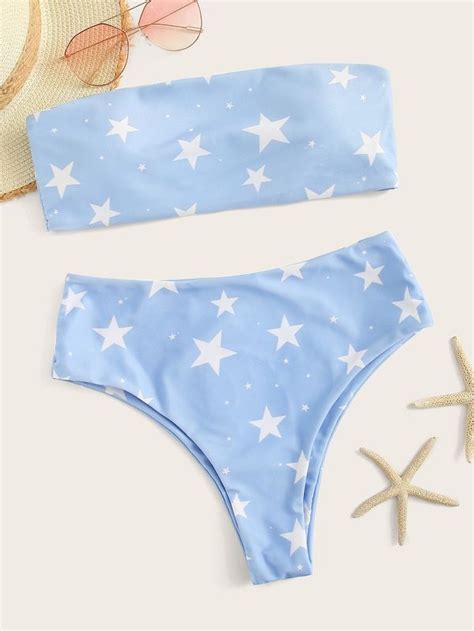 Star Print Bandeau High Waist Bikini Swimsuit Bikinis Printed