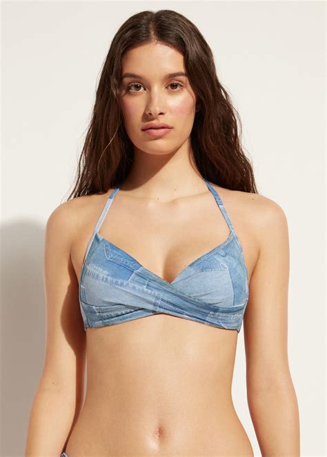 Denim Graduated Padded Crossover Triangle Bikini Top Ibiza Cal Women Special Price Swimwear Us