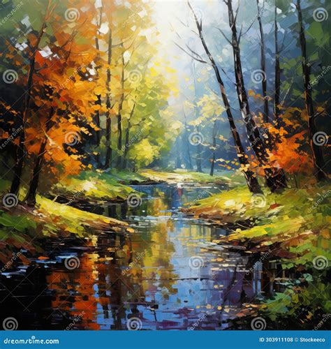 Autumn River Landscape Painting Inspired By Dmitry Spiros Stock