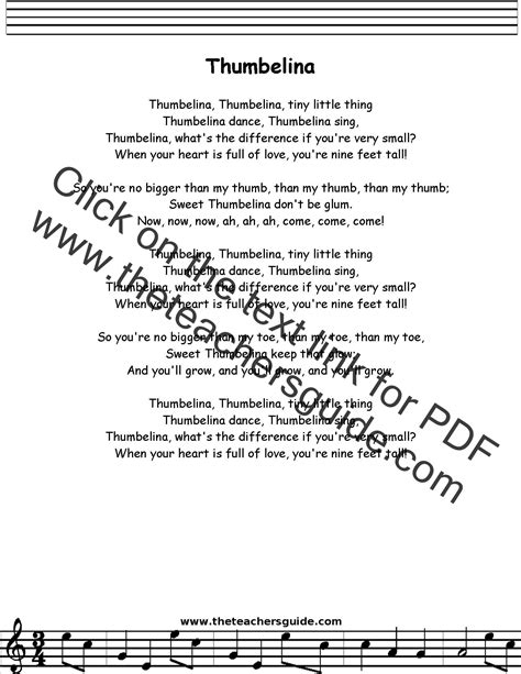 Thumbelina Lyrics, Printout, MIDI, and Video