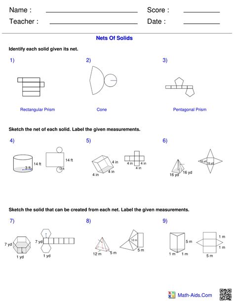 Surface Area Volume Nets Of Solids Worksheets Made By Teachers